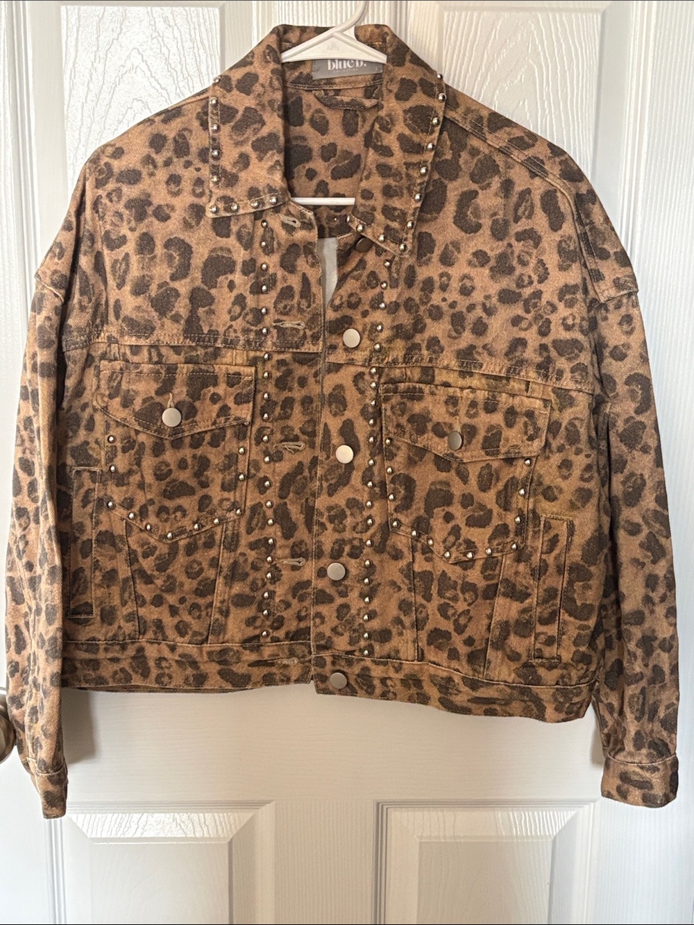 Dolce Vita Leopard-Print Studded Jean Jacket in Brown and Black - Picture 1 of 3